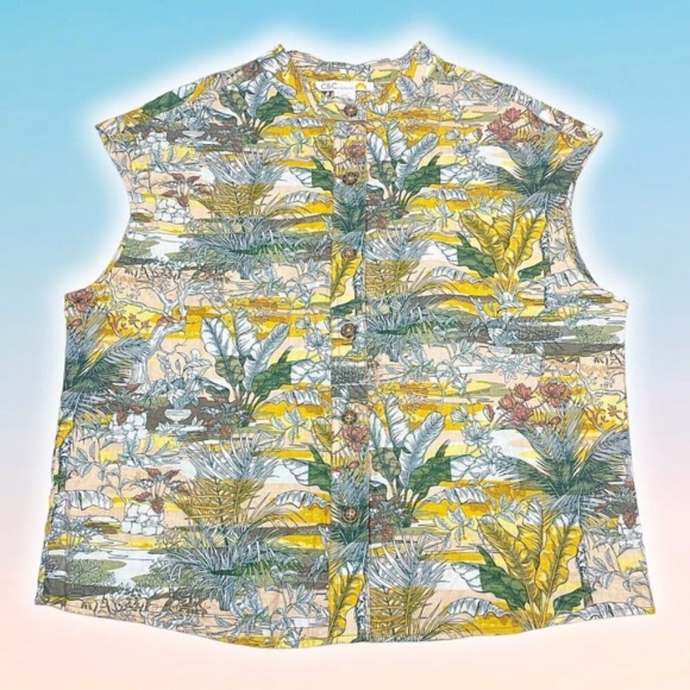 NWT C&C CALIFORNIA Tropical Print Sleeve Button Up Shirt Sz Medium